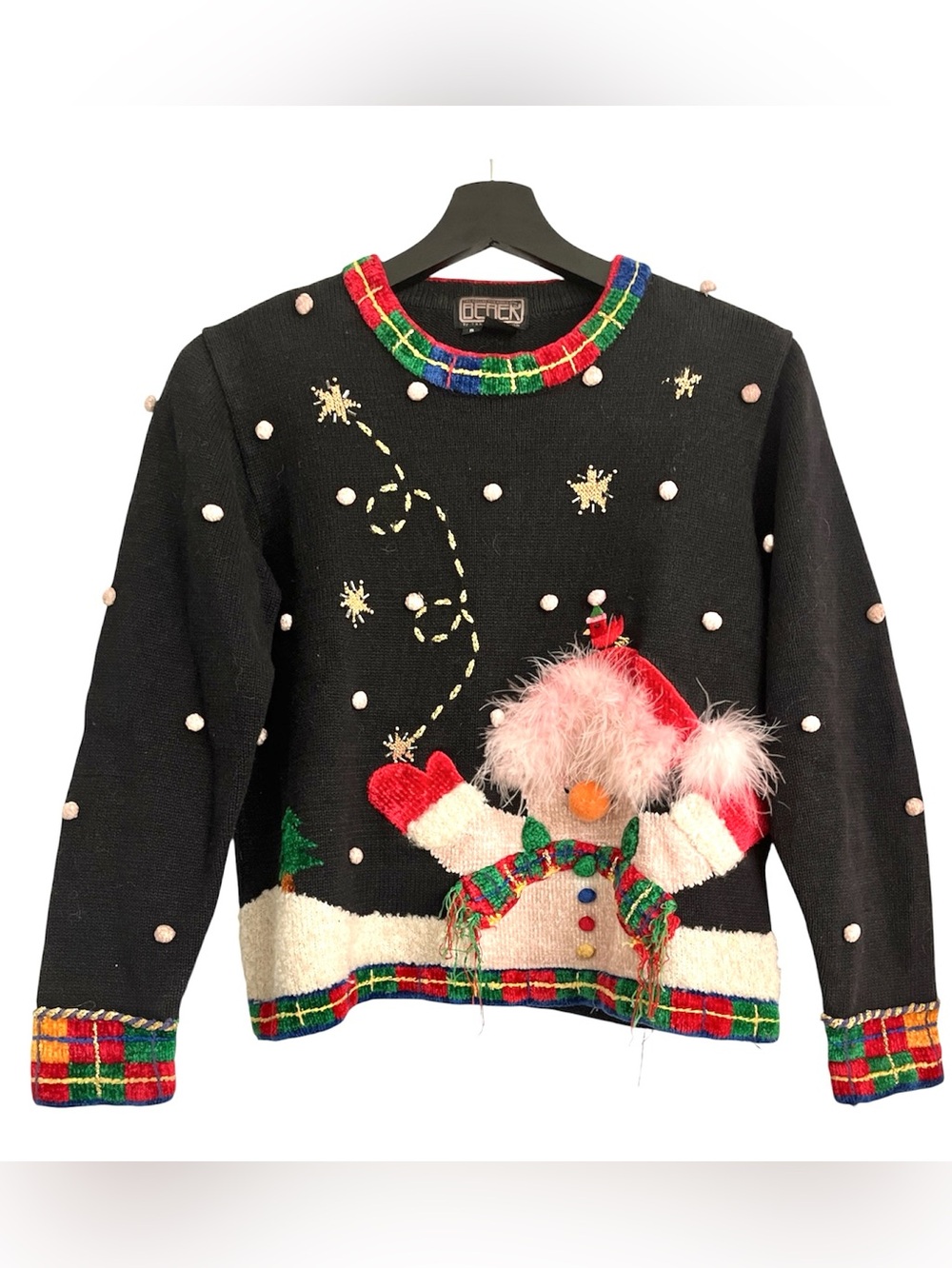 Bejeweled Black Holiday Snowman Sweater with Fur Trim knitted women size S